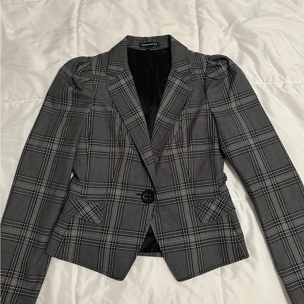 Express Design Studio Chic Women's Gray Black Plaid Fitted Work Jacket/Blazer